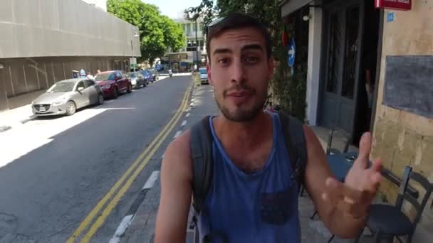 Adult Male Traveller Talking Camera Selfy Nicosia City Centre — Αρχείο Βίντεο