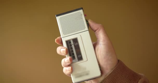 Person Hand Background Controls Playback Rewinding Recording Retro Recorder Microcassettes — Vídeos de Stock