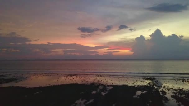 Sunset Orange Red Clouds Reflected Water Low Tide Wonderful Aerial — Stockvideo