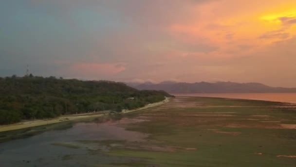 Orange Sky Reflected Water Ebb Tide Unbelievable Aerial View Panorama — Αρχείο Βίντεο