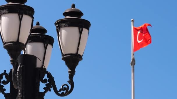 View Lamppost Flag Northern Cyprus Waving Background Blue Sky Zoom — стоковое видео