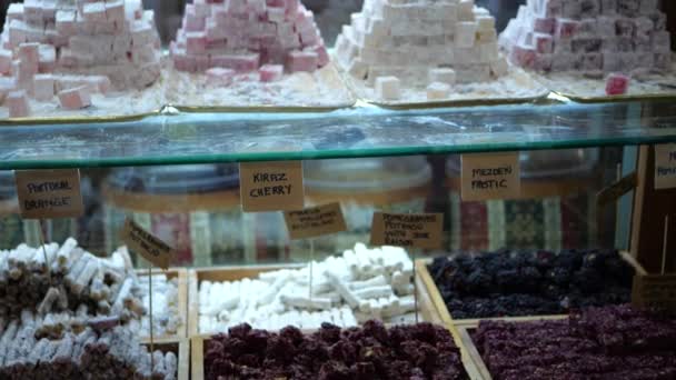 Variety Turkish Delight Shop Counter Shelve Pan — Vídeos de Stock