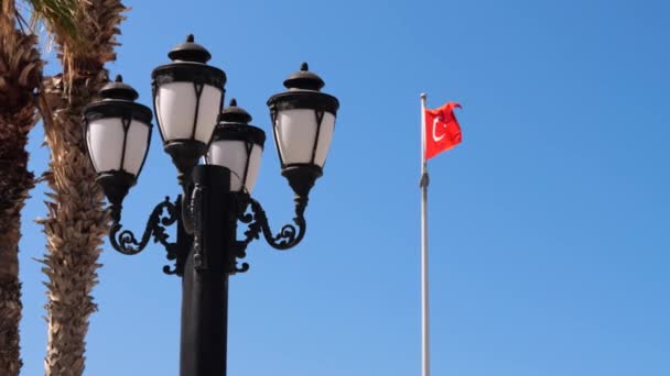 View Lamppost Flag Northern Cyprus Waving Background Blue Sky — Stockvideo