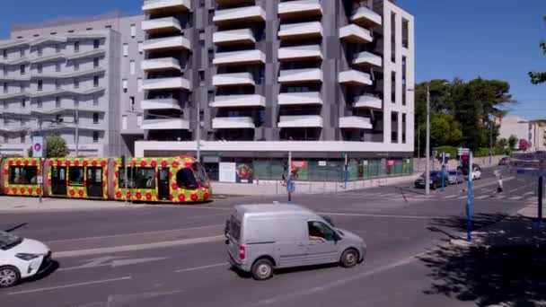 Colourfull Tram Driving Montpellier France Apartment Buildings Background — Vídeo de stock