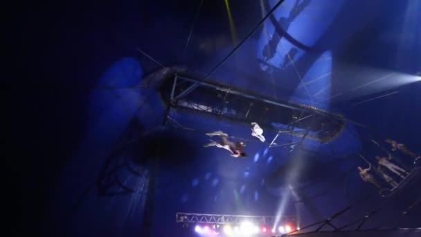 Crowd View Trapezist Performing Double Back Flip Air Spinning Back — Vídeo de stock