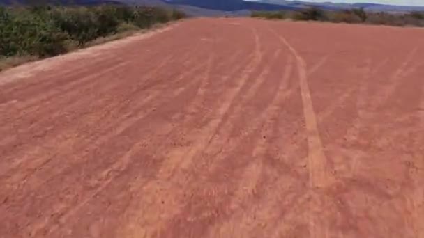 Pov Ground View Plane Taking Dirt Ground Open Air Vegetation — Stockvideo