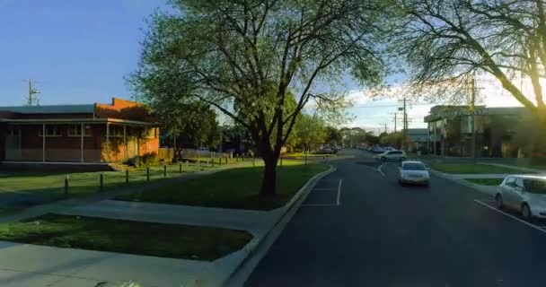 Overhead Cinematic Video Car Travelling Street Lush Lovely Suburb Houses — Stockvideo