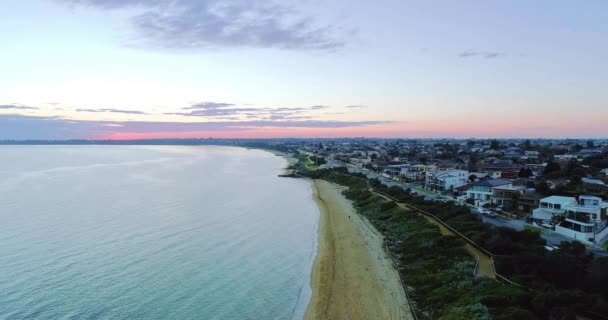 Aerial View City Skyscrapers Sunset Time Front Line Beach Hotels — 图库视频影像