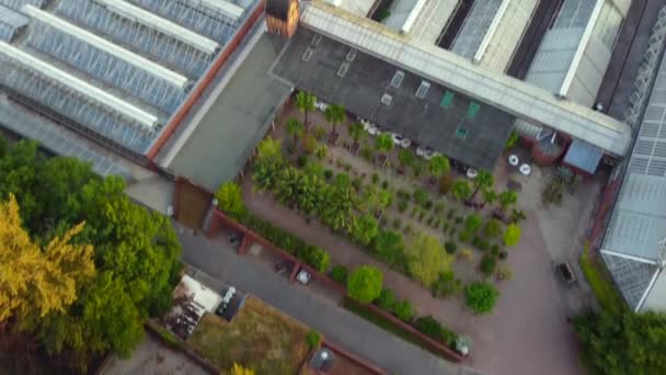 Greenhouses Park Golden Hour Wonderful Aerial View Flight Tilt Drone — Stockvideo