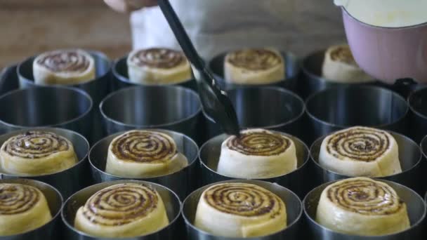 Softened Butter Being Brushed Freshly Cut Raw Cinnamon Roll Dough — 图库视频影像