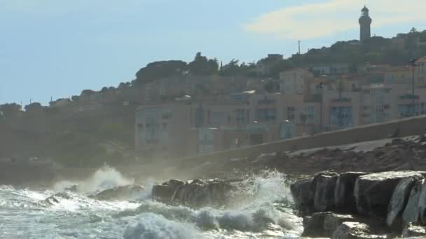Port Town Sete France Waves Pounding Rocky Shore Residential Buildings — Stockvideo