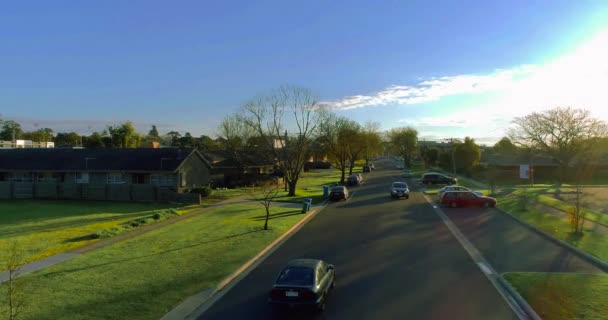 Drone Captures Cinematic Video Car Driving Lane Beautiful Suburb Tree — Wideo stockowe