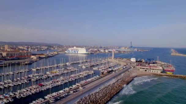 Marina Lighthouse Gnv Italian Cruise Docked Port Aerial Flyover Shot — Video Stock