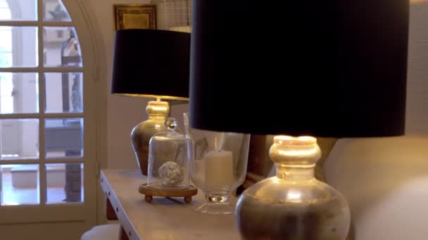 Rustic Mediterranean Villa Dual Lamps Slim Decorative Table Dolly Left — Stok video