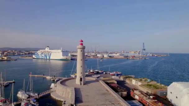 Red Top Lighthouse Gnv Italian Cruise Ship Docked Port Aerial — Stockvideo