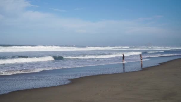 Children Run Play Sandy Beach Sunny Day Oregon Coast — kuvapankkivideo