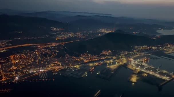 Unique Aerial View Jet Cockpit Bilbao City Harbur Night 60Fps — Video