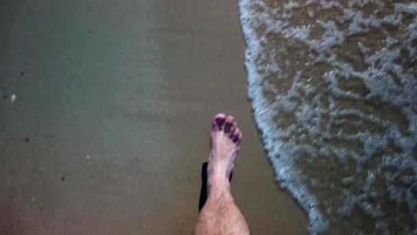 Feet Caucasian Young Man Walking Water Beach Seen — Wideo stockowe