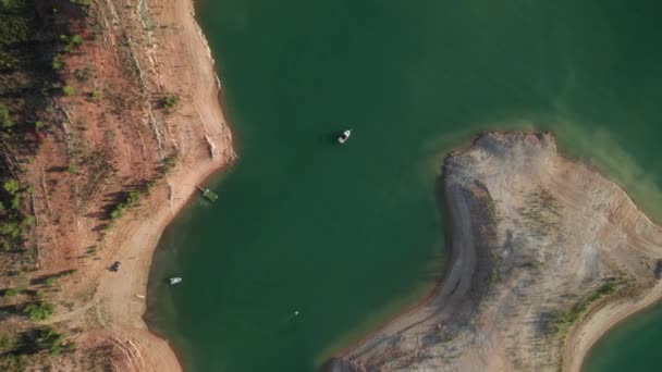 Drone Descending Isolated Little Boat Water Reservoir Sunset — Stockvideo