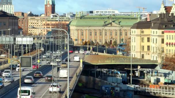 Subway Train Drives Trafficked Bridge Sunny Stockholm Sweden — Stock video