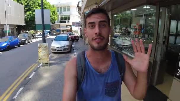 Adult Male Traveller Talking Camera While Walking Nicosia City Centre — 비디오