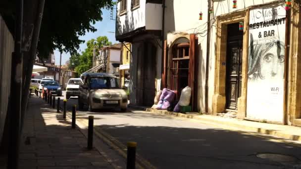 Cars Driving Shops Restaurants Girne Street Famous Ledra Crossing Old — Stok Video