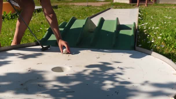 Close Miss Mini Golf Course Track Swinging Hit Ball — Video