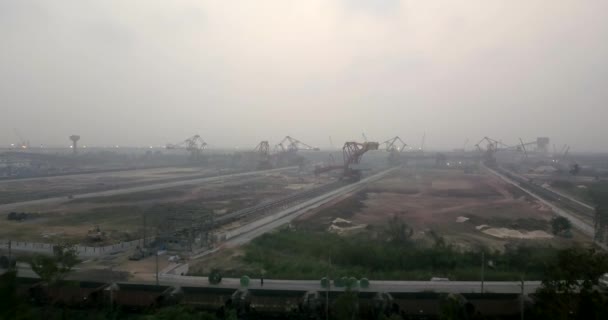 Stacker Reclaimer Machines Shrouded Fog Sunrise Paradip Port Odisha India — Stock video