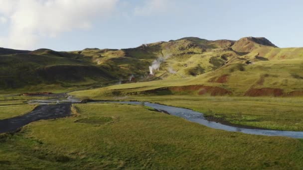 Geothermal Energy Iceland Shown Drone Flight River — Stockvideo