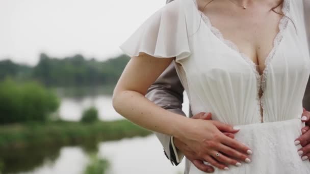 Wedding Couple Embracing River Photo Video Session — Stok video