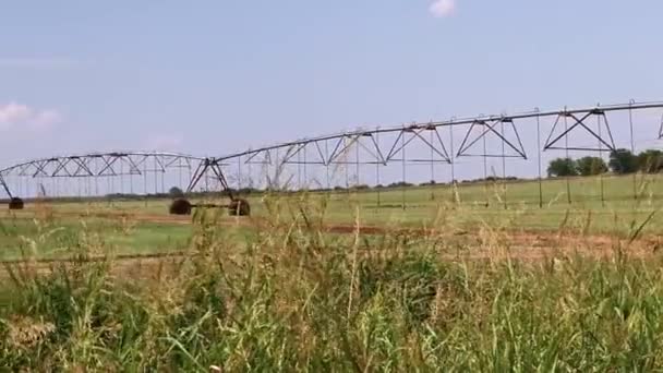 Panning Shot Linear Irrigation Watering System Farm North Texas — Wideo stockowe