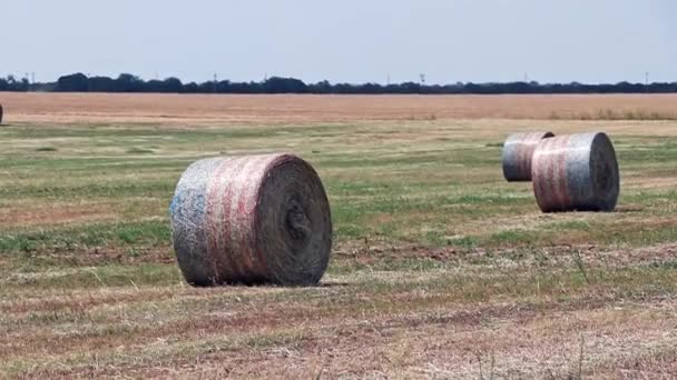 American Flag Wrapped Hay Bales Field Waiting Picked Ranch Hands — kuvapankkivideo