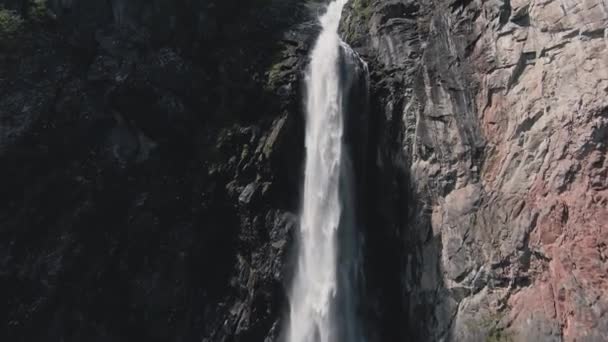 Powerful Stream Water Falling Massive Waterfall Norway Fpv Ascend — Stock video