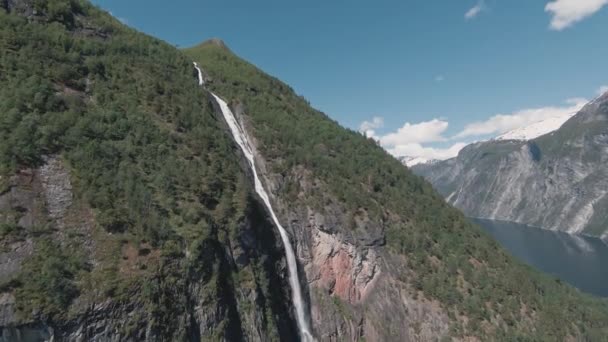 Powerful Endless Waterfall Stream Norway Aerial Ascend View — kuvapankkivideo