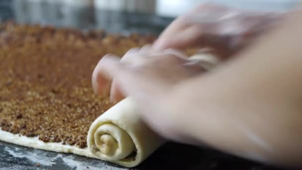 Freshly Made Flat Sheet Dough Cinnamon Chocolate Filling Being Rolled — Stockvideo