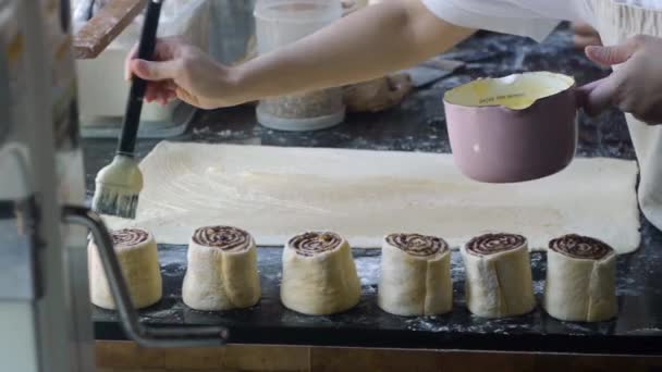 Melted Butter Brushed Freshly Rolled Sheet Dough Kitchen Table Top — ストック動画