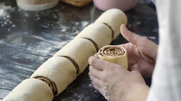 Freshly Rolled Cut Cinnamon Roll Dough Shaped Fingers Preparation Baking — Stockvideo