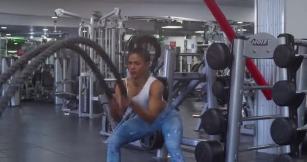 Fitness Bodybuilder Using Battle Ropes Gym Equipment Background — 图库视频影像
