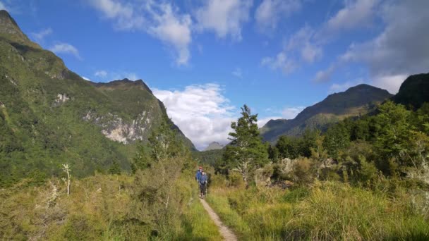 Static Hikers Approach Mountainous Valley Landscape Kepler Track New Zealand — Wideo stockowe