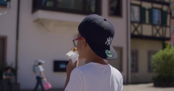 Little Boy Tape Glasses Eating Ice Cream Downtown Colmar France — Stock Video