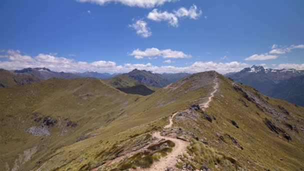 Static Distant Hiker Exposed Trail Vast Mountain Landscape Fiordland Kepler — Video