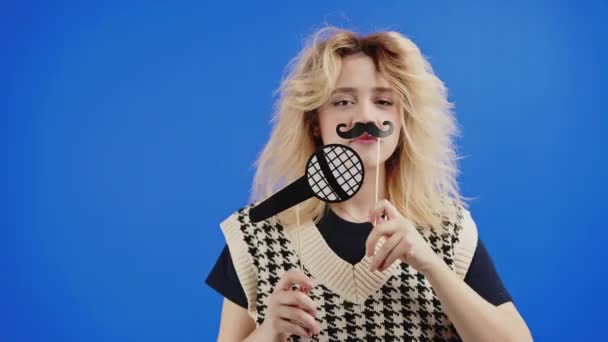 Funny Blond Woman Fake Mustache Paper Microphone Pretending Sing Isolated — Vídeo de stock