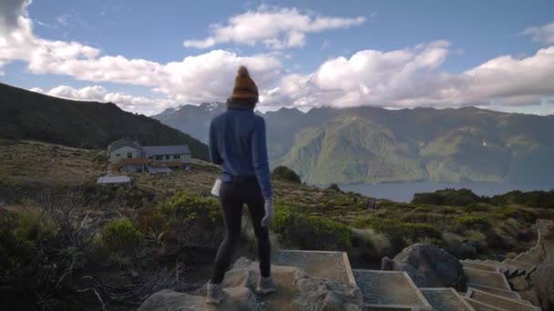 Pan Hikers Descends Steps Luxmore Hut Distant Mountain Landscape Kepler — Stockvideo