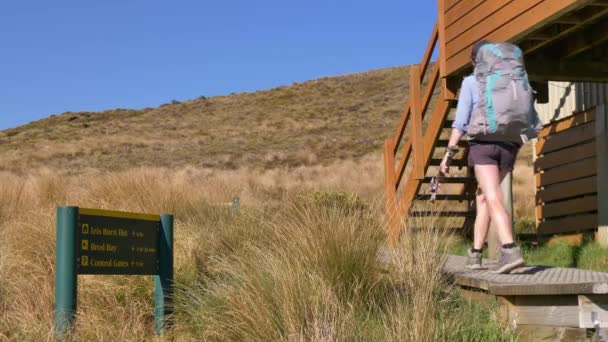 Static Hiker Leaves Luxmore Hut Sign Kepler Track New Zealand — ストック動画