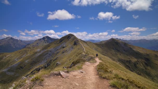 Static Centered Hiker Approaches Exposed Alpine Trail Vast Mountain Landscape — ストック動画