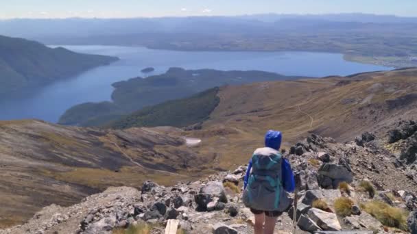 Estático Excursionista Cima Del Monte Luxmore Con Vistas Lago Anau — Vídeo de stock