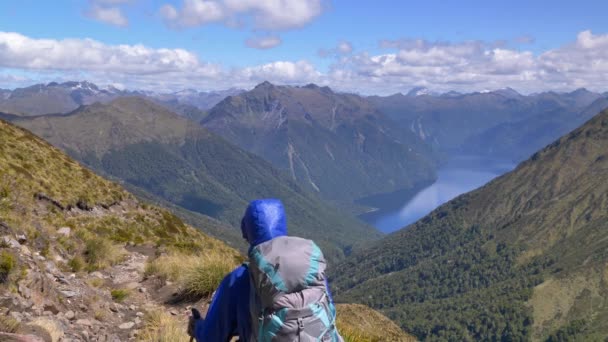 Static Hiker Walks Exposed Alpine Path Distant Lake Mountain Landscape — Videoclip de stoc