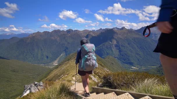 Static Hikers Descend Exposed Alpine Ridge Vast Fiordland Landscape Kepler — Wideo stockowe