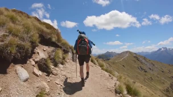 Follow Hiker Walks Exposed Alpine Trail Fiordland Kepler Track New — Vídeo de Stock