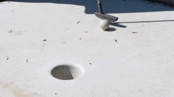 Closeup Miniature Golf Player Put Ball Hole Picks Day — Video